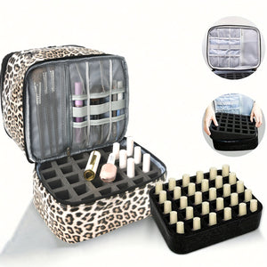 Leopard Double Layer Pu Nail Polish Storage Case With High Capacity For Essential Oils And Lamp Portable & Adjustable