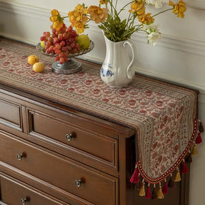 Red Vintage Bohemian Tassel Table Runner 40X180cm Decorative Linen