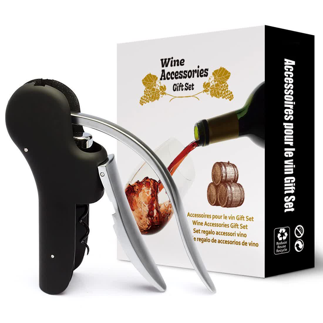 Black Ergonomic Lever Action Corkscrew Wine Opener With Foil Cutter