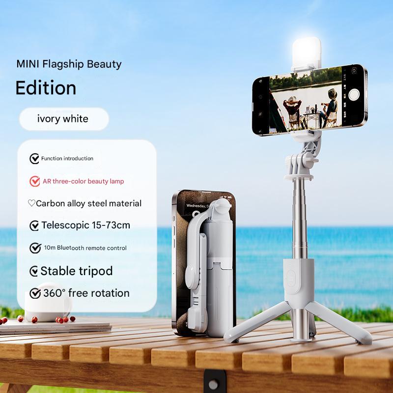 White With Light Portable Selfie Stick Tripod Bluetooth Remote Compact And Adjustable