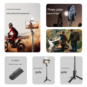 White With Light Portable Selfie Stick Tripod Bluetooth Remote Compact And Adjustable