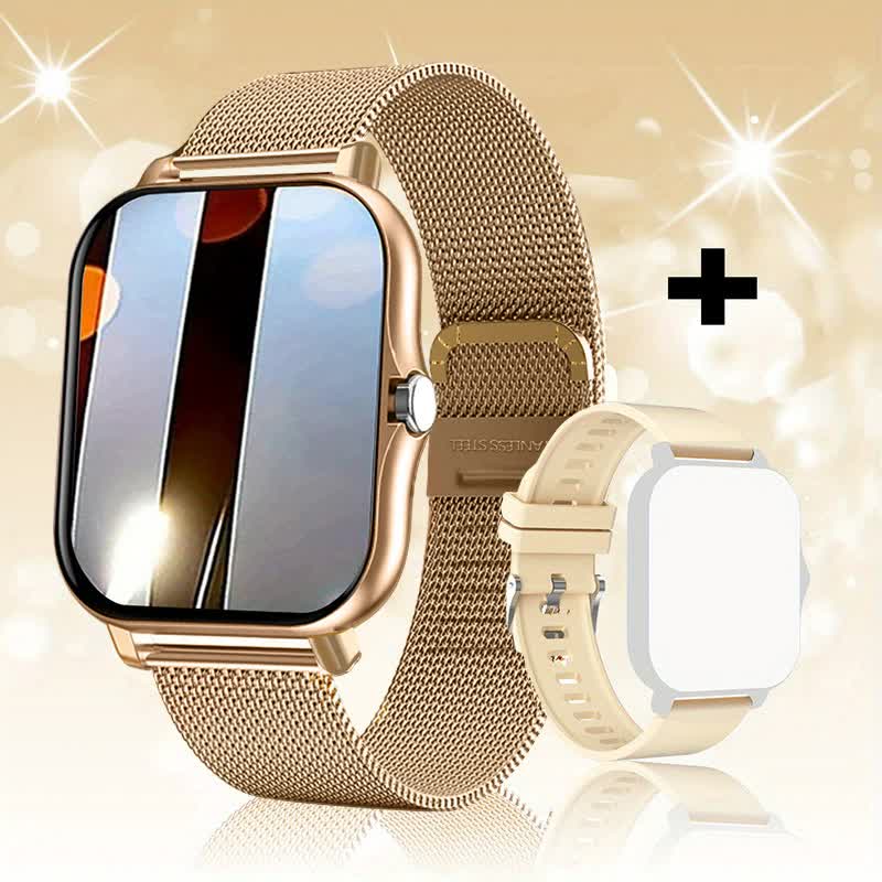 Steel Bracelet With Silicone Strap Gold Smart Fitness Watch Large Display 24 Sport Modes Heart Rate Monitor & More