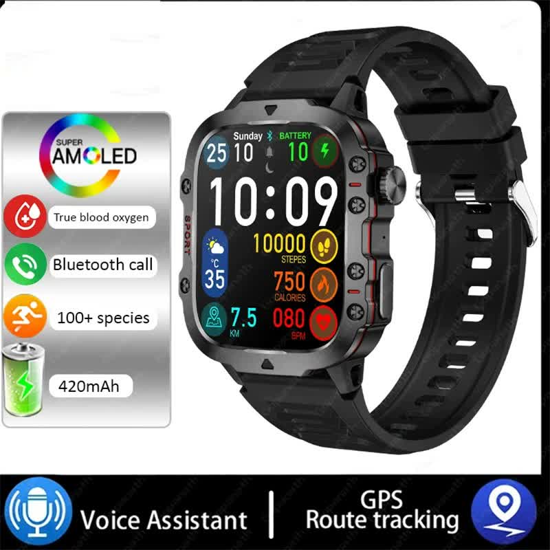 Black Rugged Smart Fitness Watch Waterproof Multi Sport Modes And Health Tracking