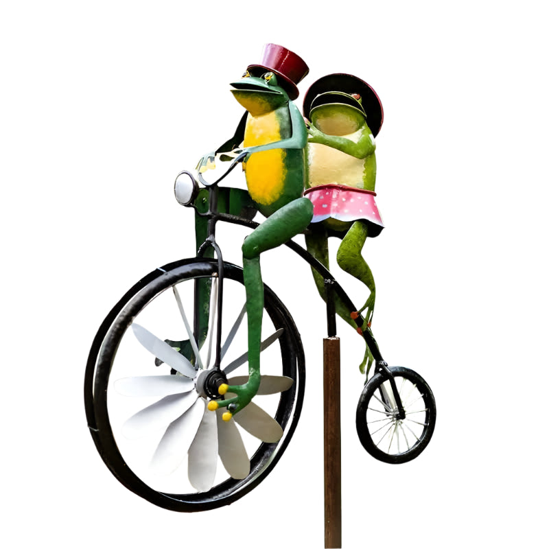 Whimsical Frog Garden Wind Spinner Metal Yard Art With Cycling Frogs