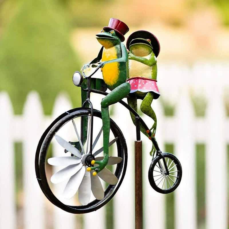 Whimsical Frog Garden Wind Spinner Metal Yard Art With Cycling Frogs