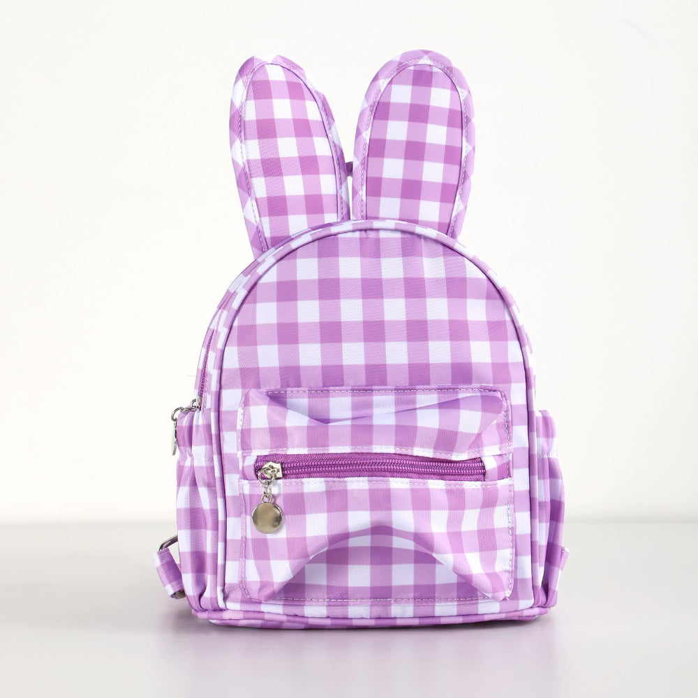 Purple Kids Bunny Ear Gingham Backpack Cute Mini Bag For Girls