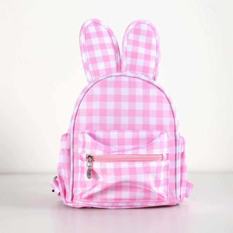 Pink Kids Bunny Ear Gingham Backpack Cute Mini Bag For Girls