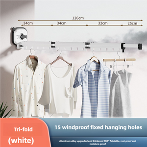 White Wall Mounted Foldable Clothes Drying Rack 3 Section Aluminum With 15 Windproof Hooks