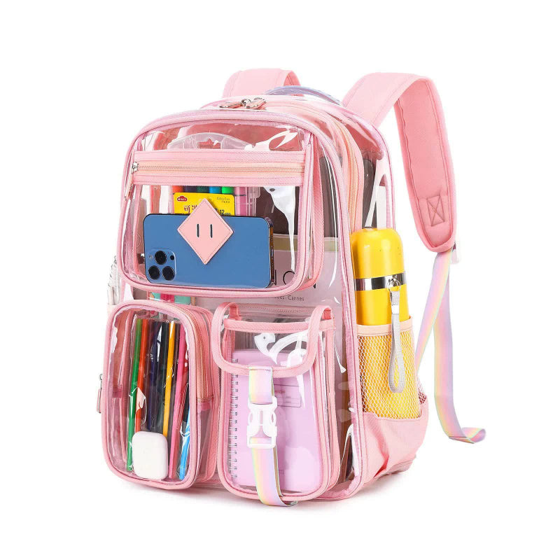 Pink Clear Transparent Backpack Stylish Pvc School Bag With Multiple Pockets