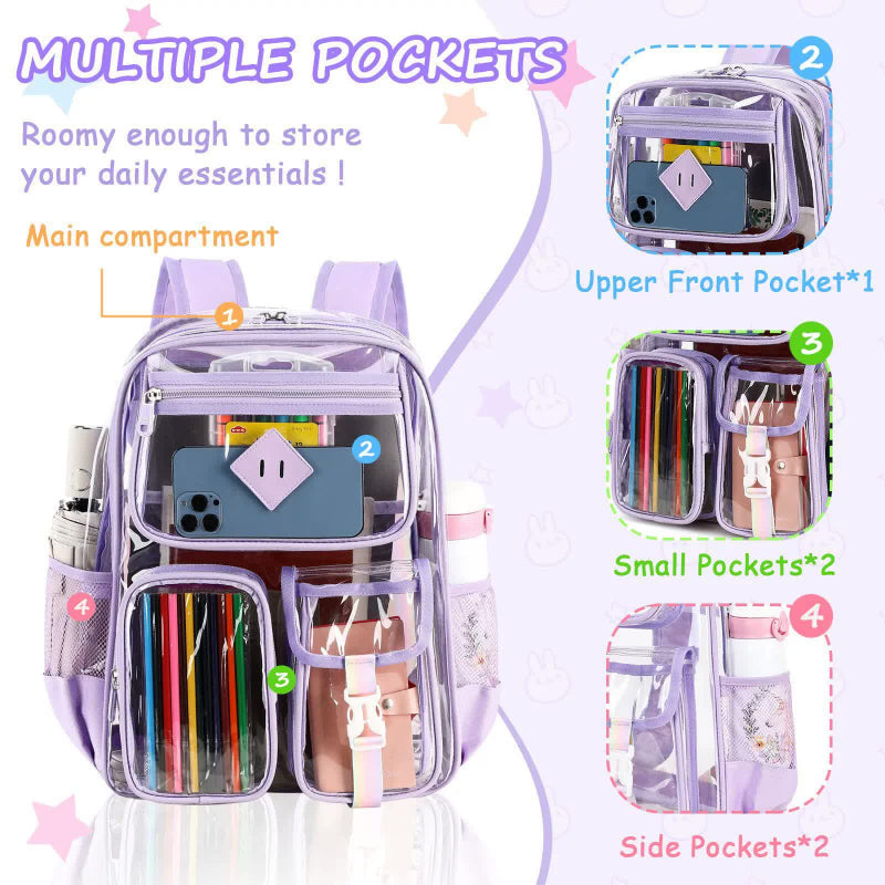 Pink Clear Transparent Backpack Stylish Pvc School Bag With Multiple Pockets