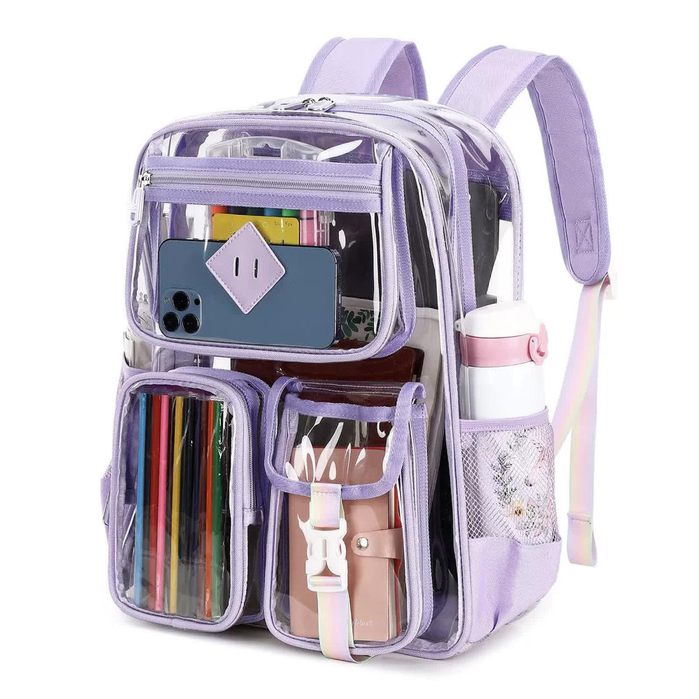 Purple Clear Transparent Backpack Stylish Pvc School Bag With Multiple Pockets