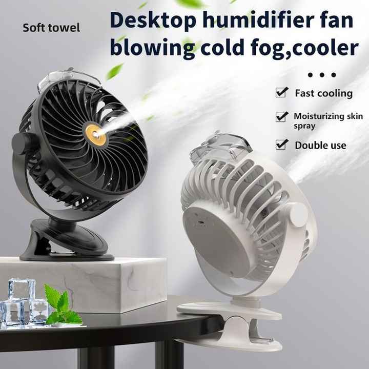 White Portable Clip On Mist Fan Rechargeable Cooling With Adjustable Spray Modes