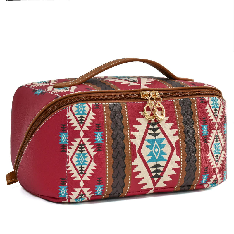 Red Horizontal Pattern Boho Travel Cosmetic Bag Large Waterproof Makeup Organizer With Handle