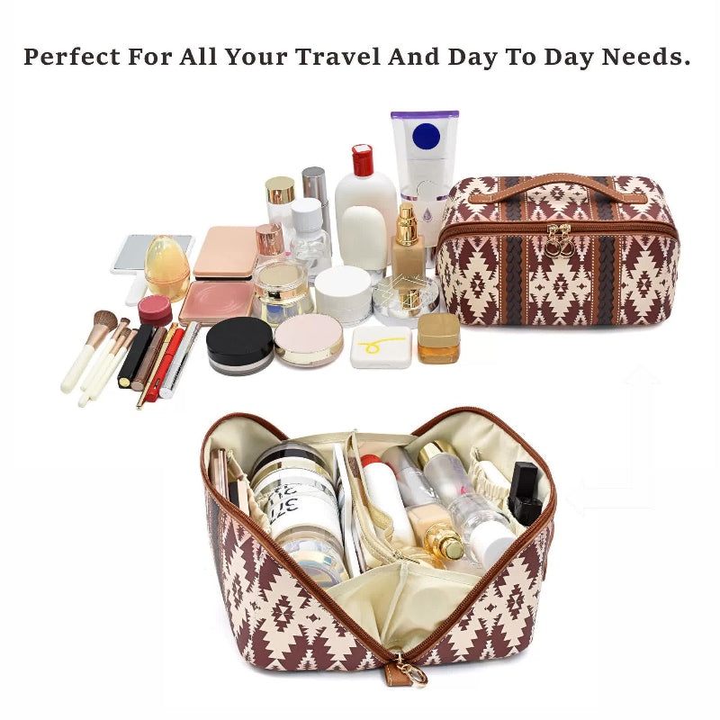 Red Horizontal Pattern Boho Travel Cosmetic Bag Large Waterproof Makeup Organizer With Handle