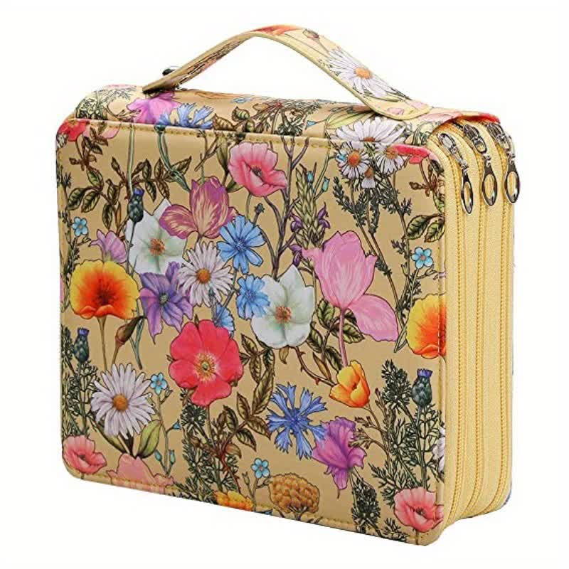 Yellow Floral Design Portable Zippered Pencil Case 3 Layer Large Capacity Organiser For Stationery & Art Supplies