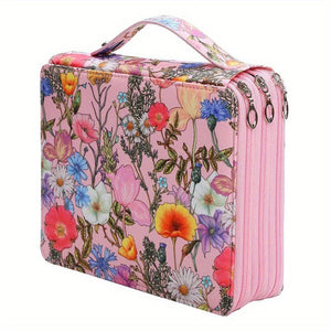 Pink Floral Design Portable Zippered Pencil Case 3 Layer Large Capacity Organizer For Stationery & Art Supplies