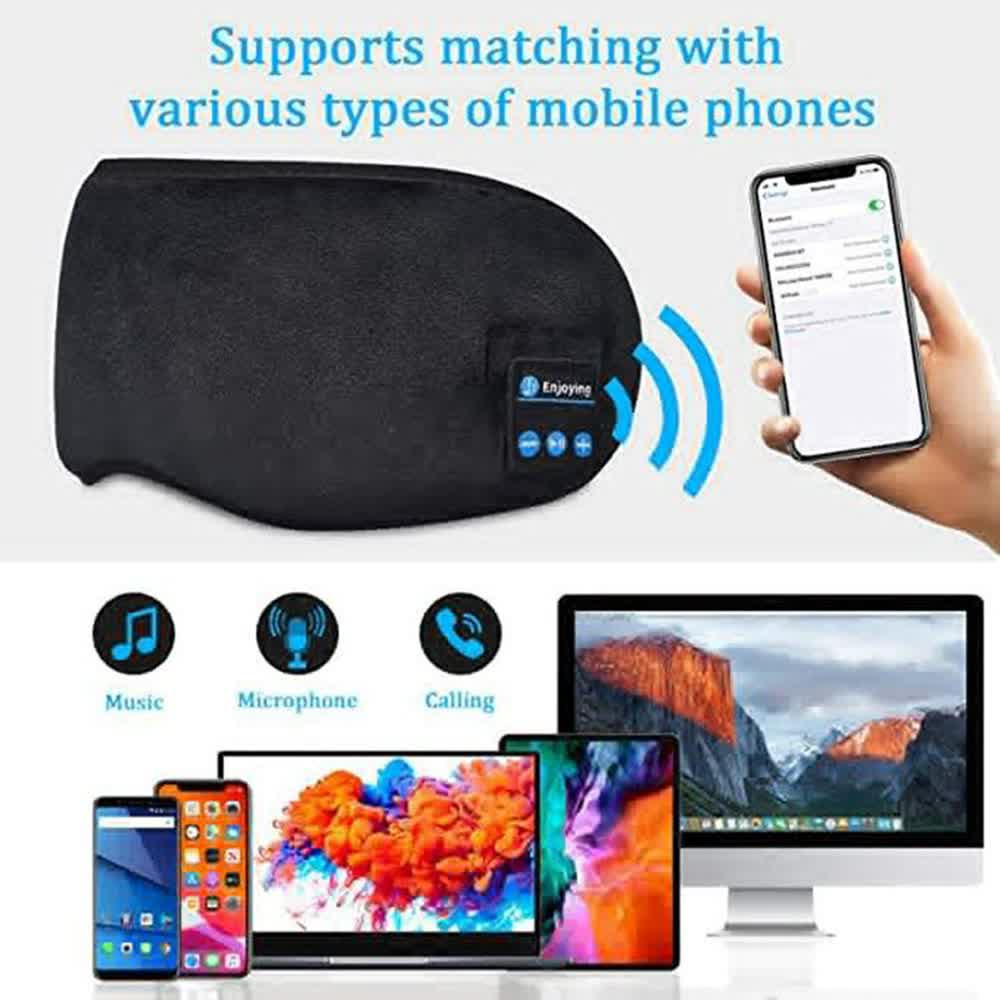 Blue Bluetooth 5.0 Wireless Sleep Eye Mask Soft Plush Cover With Built In Speakers (13 X 16.5 Cm)