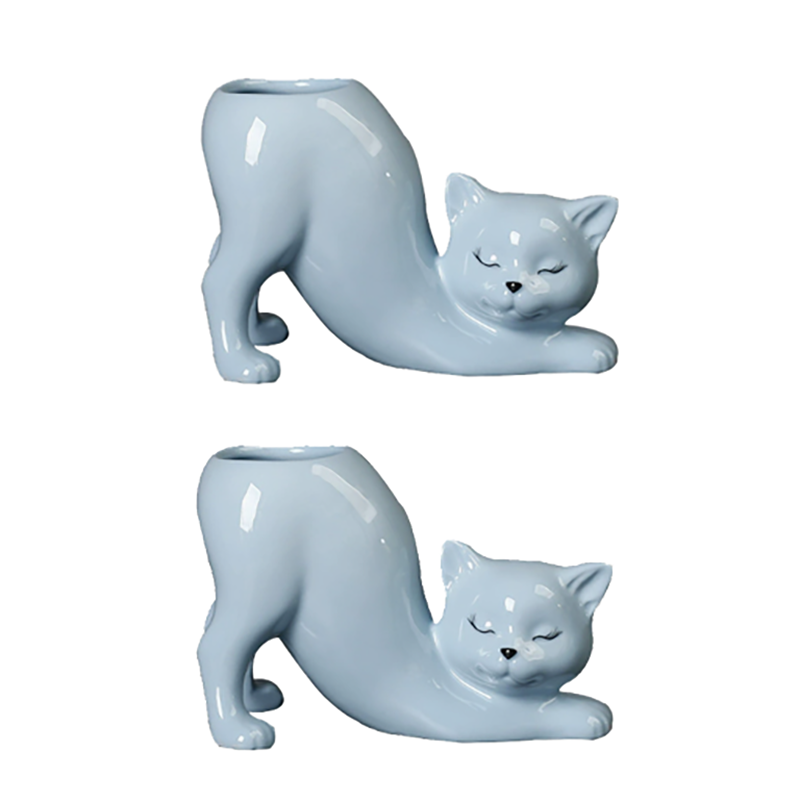 2 Pcs Blue Cute Cat Ceramic Flower Pot Decorative Succulent Planter For Home And Office