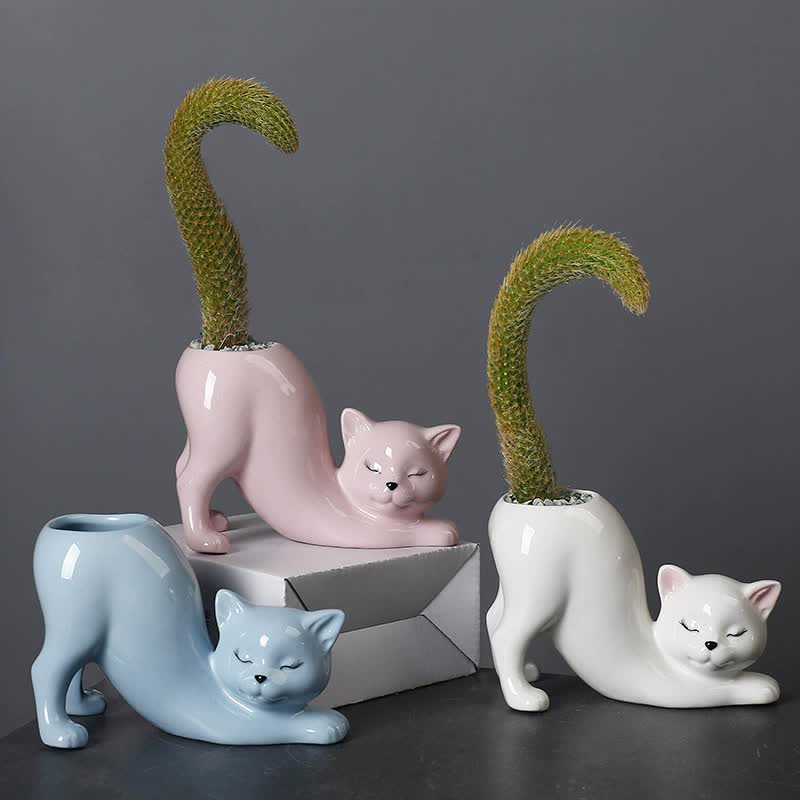 2 Pcs Blue Cute Cat Ceramic Flower Pot Decorative Succulent Planter For Home And Office