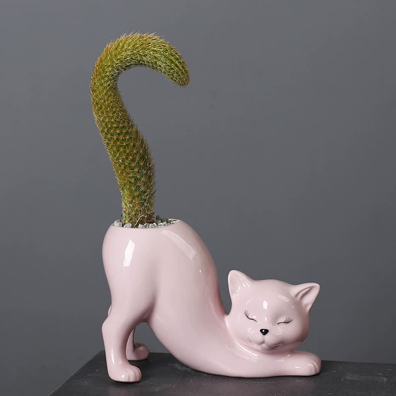 2Pcs Pink Cute Cat Ceramic Flower Pot Decorative Succulent Planter For Home And Office