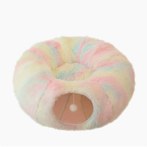 Rainbow Luxury Plush Cat Bed With Hidden Tunnel Soft Round Pet For Cats And Small Dogs