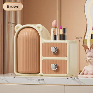 White Brown Cute Bear Themed Multi Functional Cosmetic Storage Organizer With Drawers