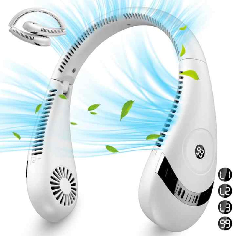 White Rechargeable 5000Mah Portable Neck Fan With 3 Speed Settings