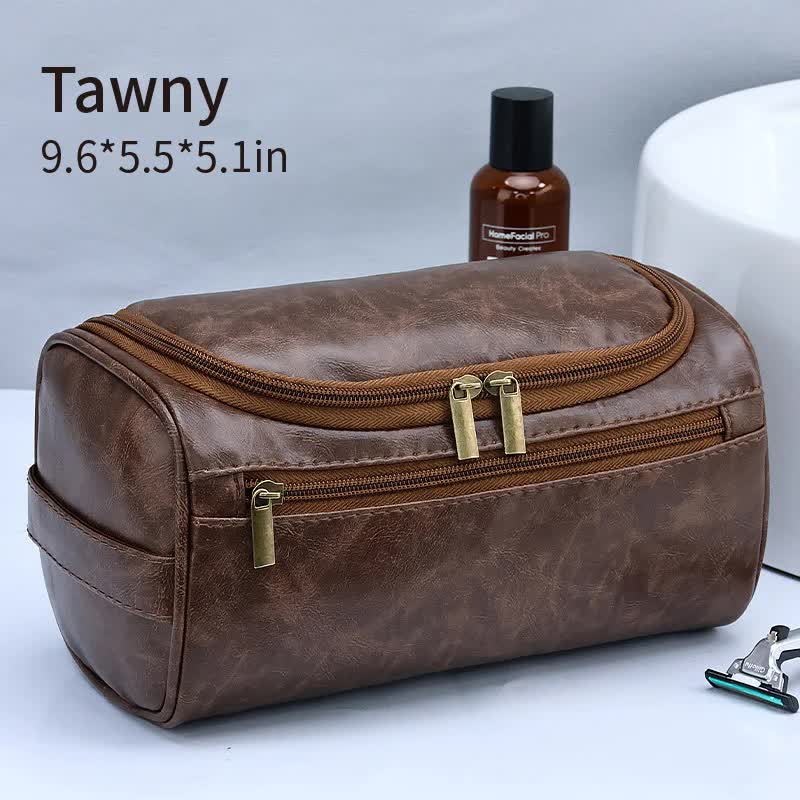 Tawny Premium Pu Leather Travel Toiletry Bag With Zipper Compartments