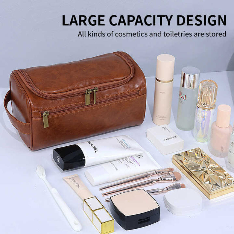 Tawny Premium Pu Leather Travel Toiletry Bag With Zipper Compartments