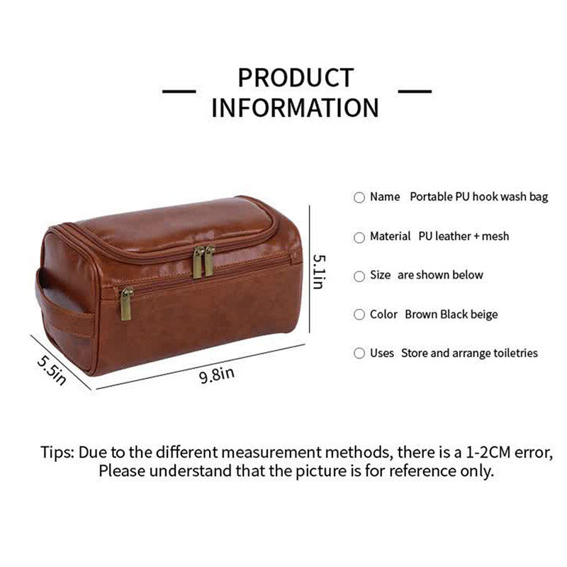 Tawny Premium Pu Leather Travel Toiletry Bag With Zipper Compartments