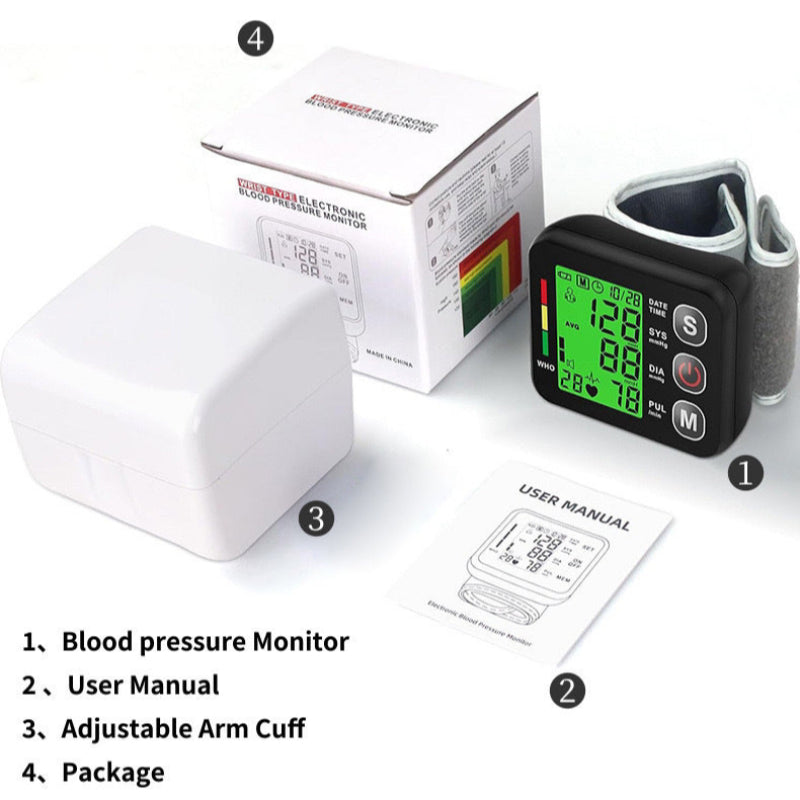 Black Compact Digital Wrist Blood Pressure Monitor With Adjustable Arm Cuff