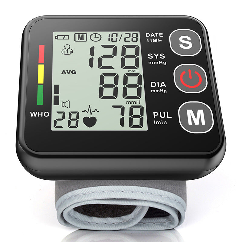 Black Compact Digital Wrist Blood Pressure Monitor With Adjustable Arm Cuff