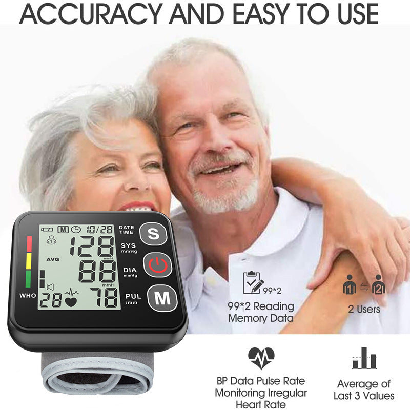 Black Compact Digital Wrist Blood Pressure Monitor With Adjustable Arm Cuff