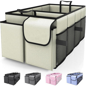 Beige 46L Car Organiser Storage Box With Multiple Compartments And Pockets