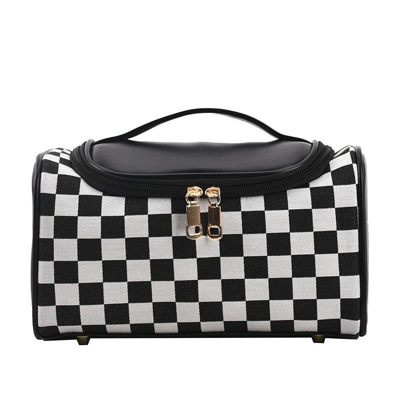 Black Checkered Cosmetic Bag With Handle Stylish Compact And Practical For Travel