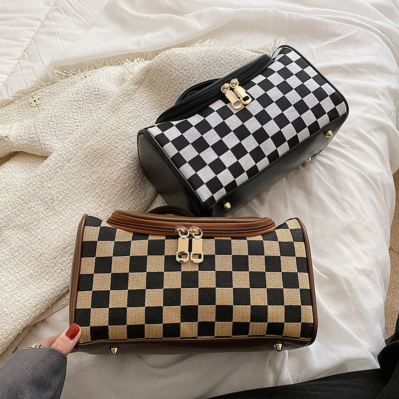 Black Checkered Cosmetic Bag With Handle Stylish Compact And Practical For Travel