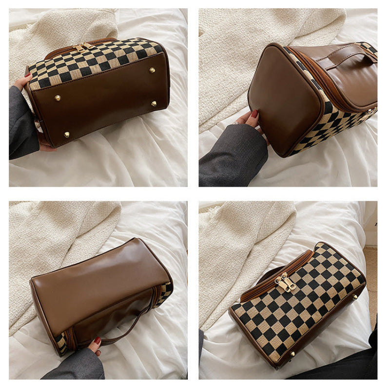 Black Checkered Cosmetic Bag With Handle Stylish Compact And Practical For Travel