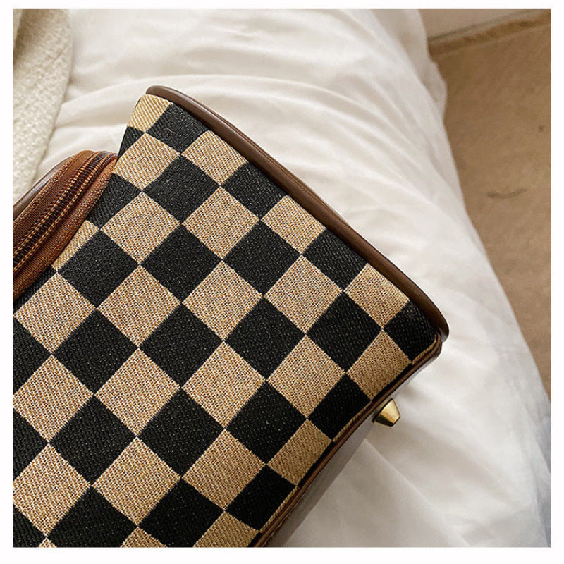 Black Checkered Cosmetic Bag With Handle Stylish Compact And Practical For Travel