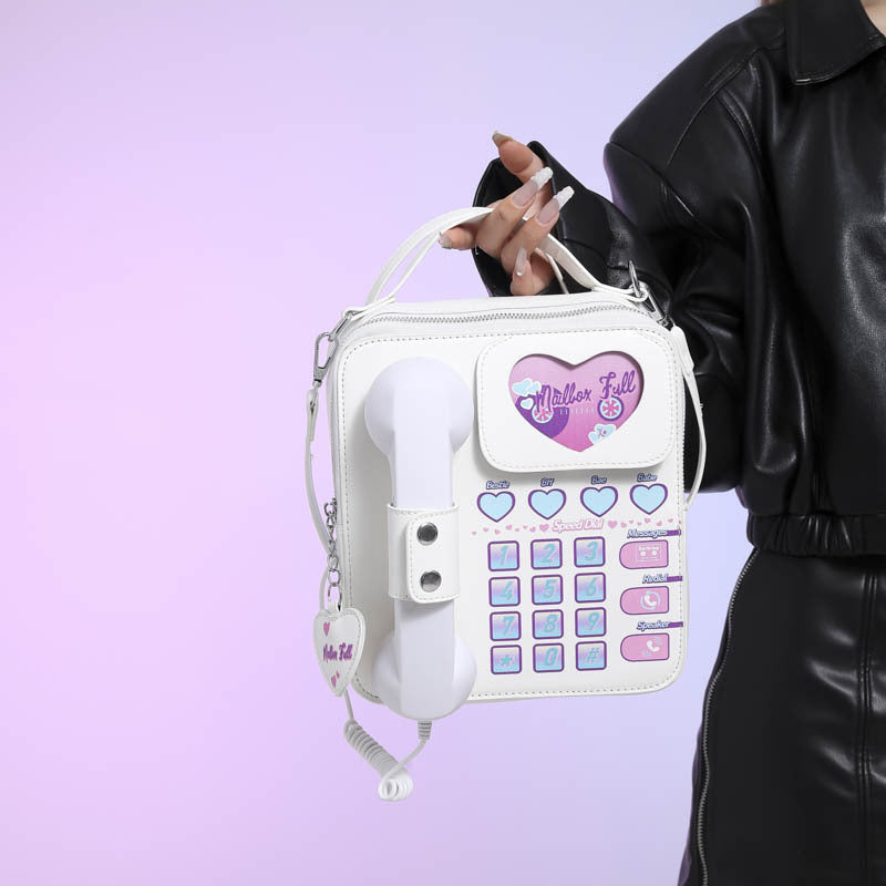 White Sweet Girl Creative Crossbody Bag With Telephone Design Pu Material Lightweight And Unique