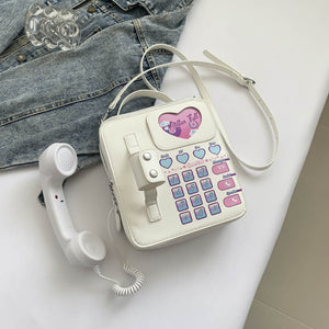 White Sweet Girl Creative Crossbody Bag With Telephone Design Pu Material Lightweight And Unique