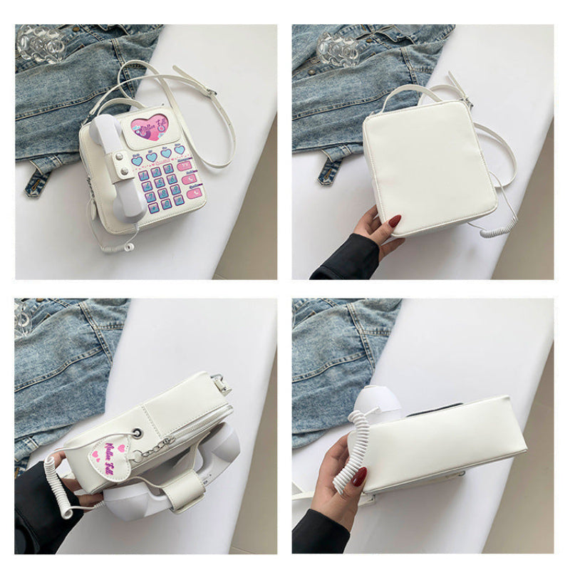 White Sweet Girl Creative Crossbody Bag With Telephone Design Pu Material Lightweight And Unique