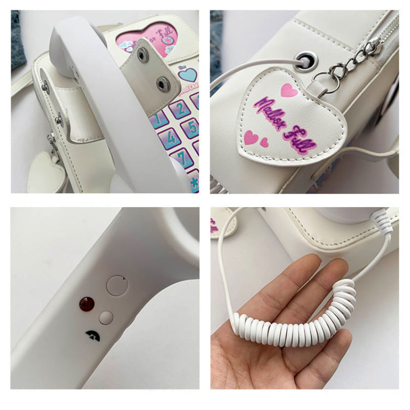 White Sweet Girl Creative Crossbody Bag With Telephone Design Pu Material Lightweight And Unique