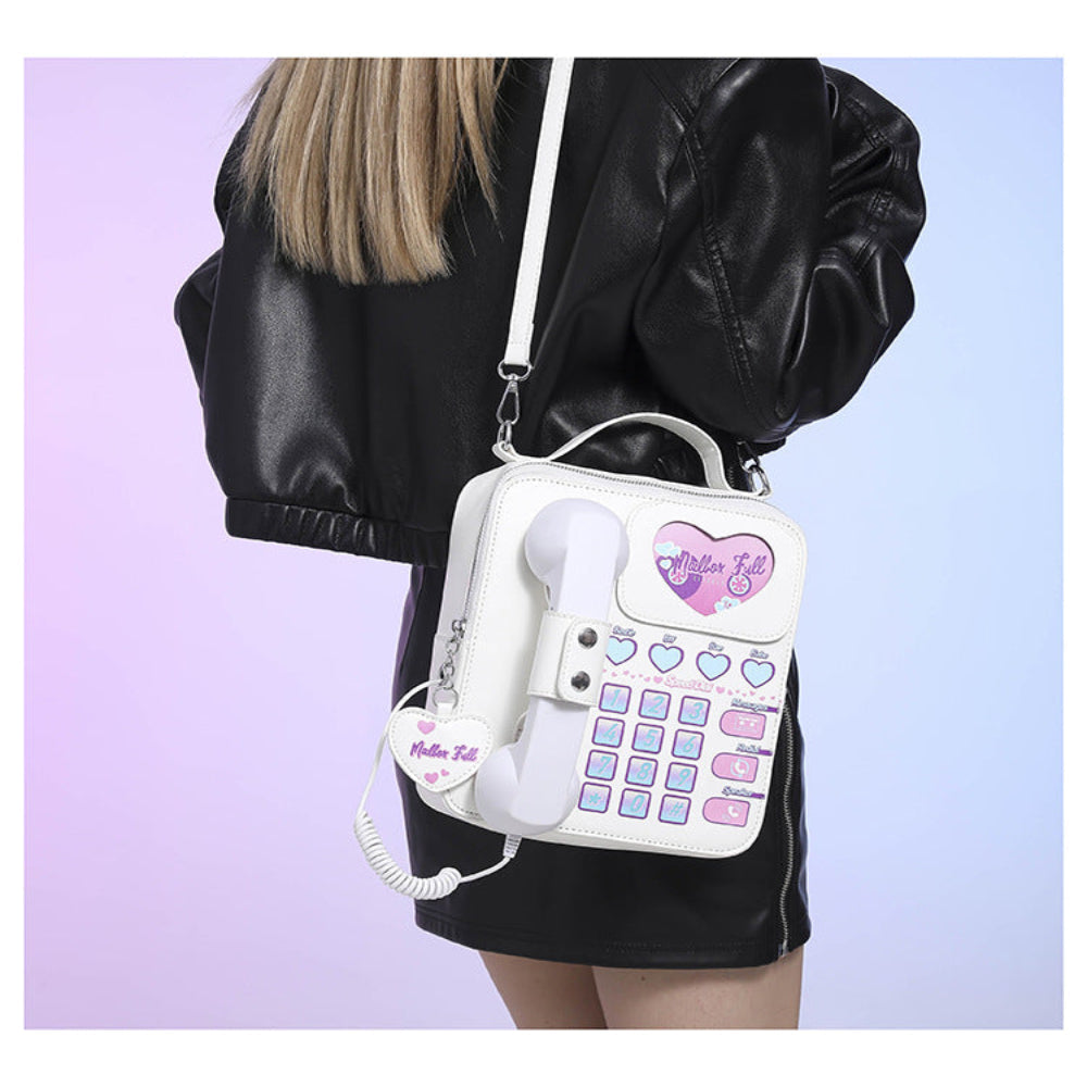 White Sweet Girl Creative Crossbody Bag With Telephone Design Pu Material Lightweight And Unique