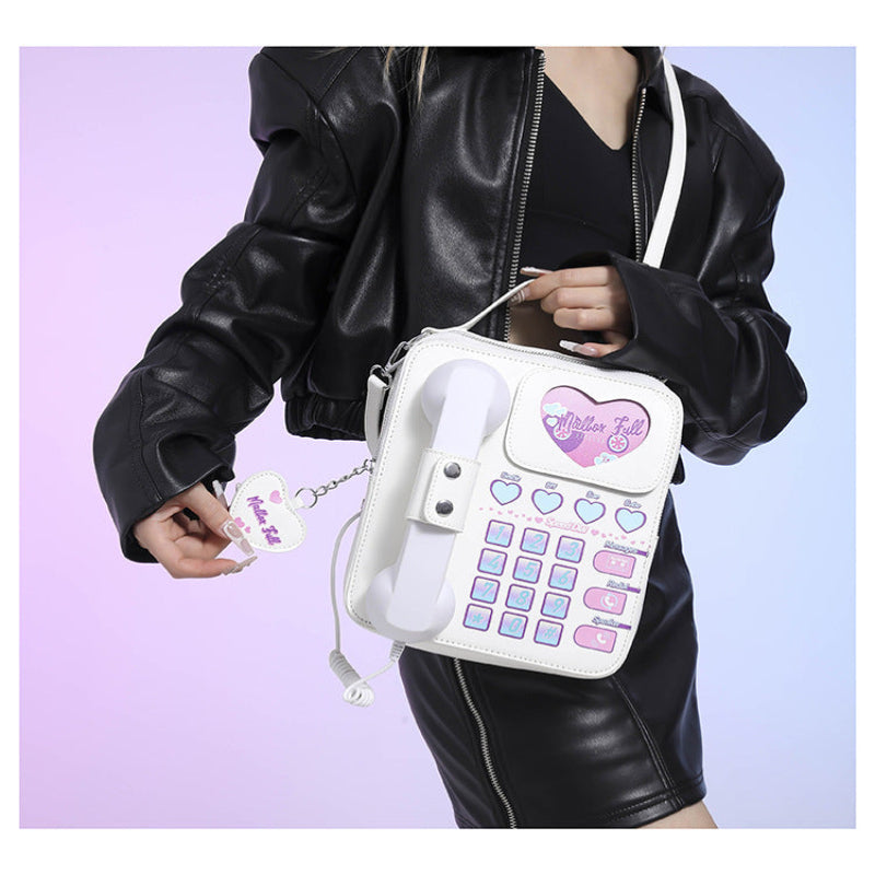 White Sweet Girl Creative Crossbody Bag With Telephone Design Pu Material Lightweight And Unique