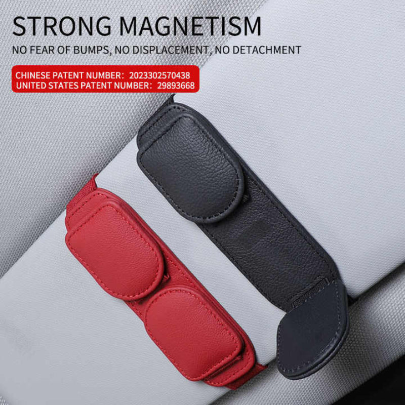 2 Pcs Red Magnetic Leather Car Sunglasses Clip Dual Use Multifunctional Card Holder Premium Cowhide