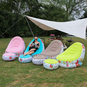 Purple And Black Patchwork Portable Inflatable Sofa Chair With Ottoman Waterproof Flocked Lazy For Camping Home Use