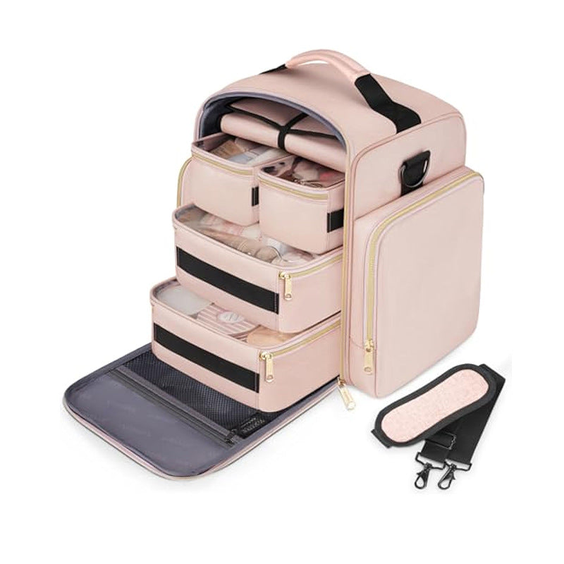 Pink 4 In 1 Travel Cosmetic Organizer Bag With Detachable Polyester Storage Boxes And Jewelry Roll Multiple Compartments