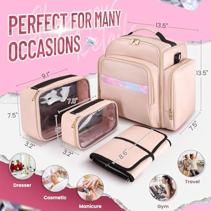 Pink 4 In 1 Travel Cosmetic Organizer Bag With Detachable Polyester Storage Boxes And Jewelry Roll Multiple Compartments