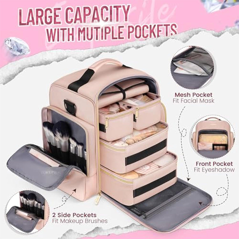 Pink 4 In 1 Travel Cosmetic Organizer Bag With Detachable Polyester Storage Boxes And Jewelry Roll Multiple Compartments