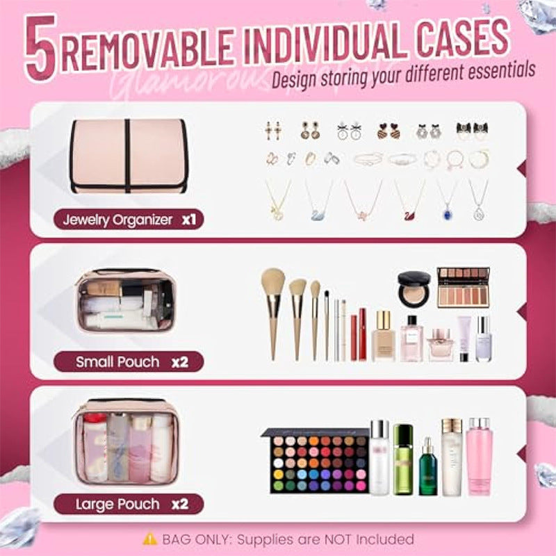 Pink 4 In 1 Travel Cosmetic Organizer Bag With Detachable Polyester Storage Boxes And Jewelry Roll Multiple Compartments